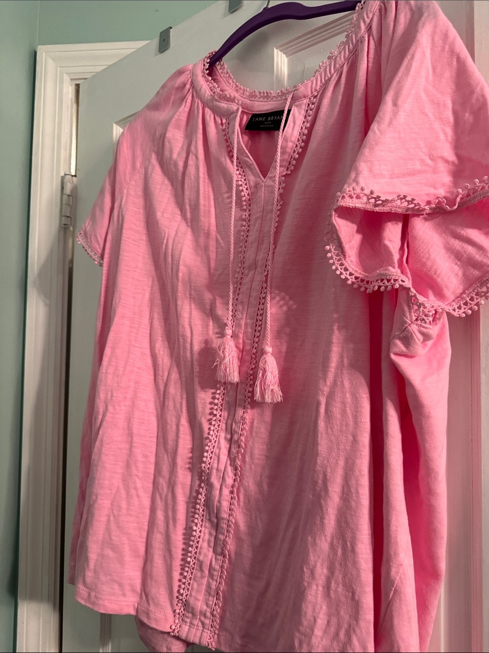 Lane Bryant Pink Tassel Peasant Blouse